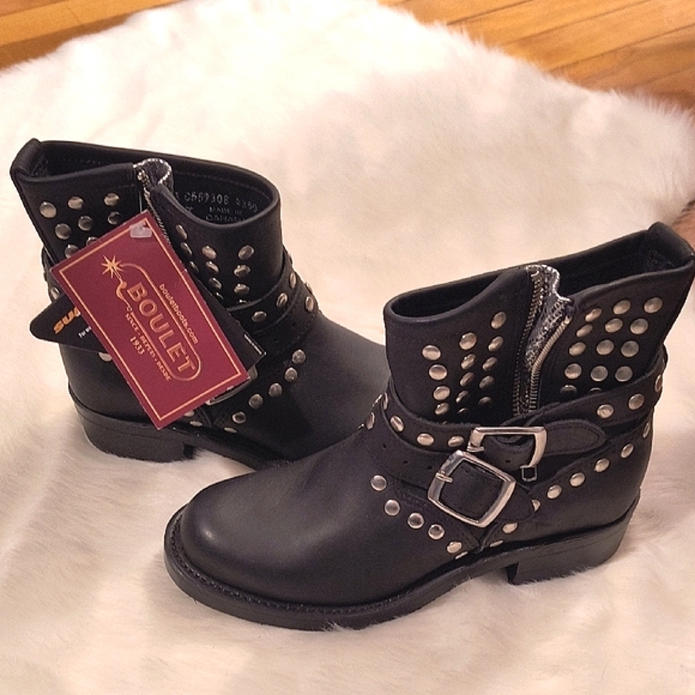 Size 5 C And 5.5 C Boulet Black Leather Studded Ankle Boots